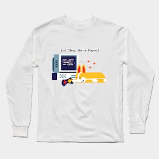 'Eat. Sleep. Game. Repeat.' Video Game Lover with Cute Pixel Dog Design Long Sleeve T-Shirt